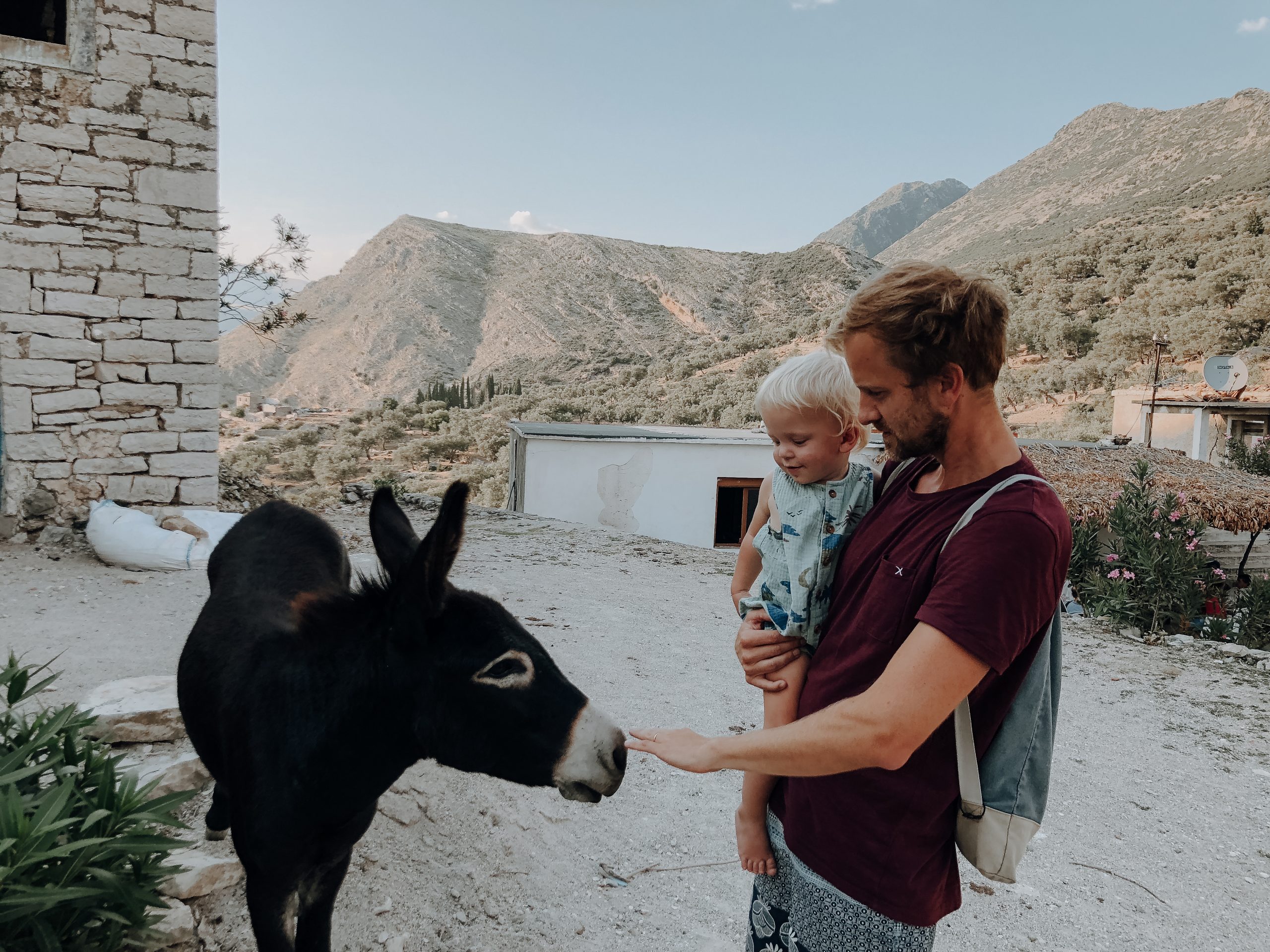 Mann mit Kind auf dem Arm füttert Esel in Albanien auf Reisen