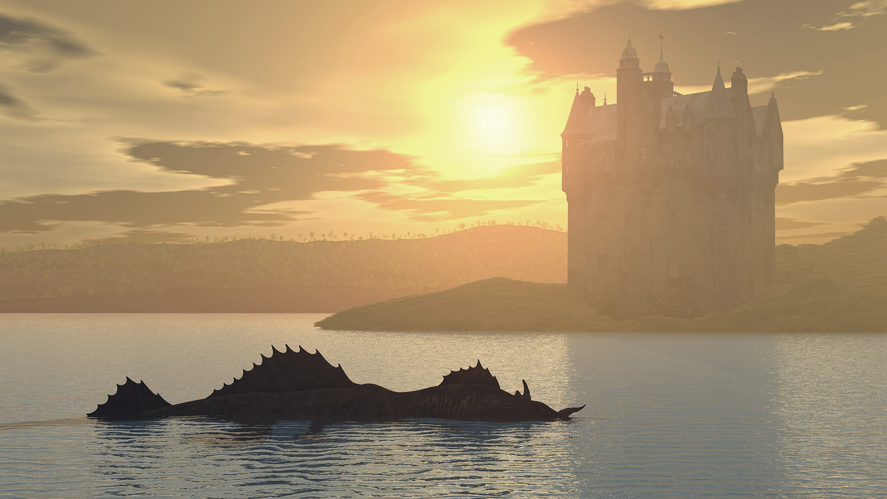 Computer generated 3D illustration with Loch Ness Monster and Scottish Castle